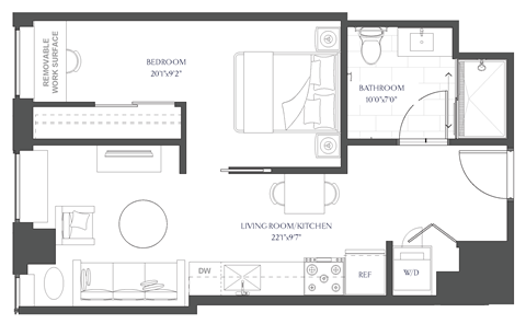 a floor plan of a house with a bedroom and a living room